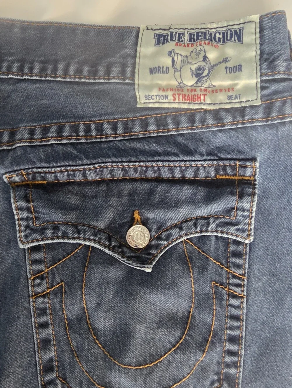 True Religion Men's Dark Blue Straight Denim Jeans with Signature Pocket Flap